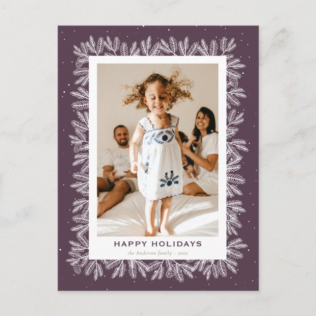Purple Rustic Pine Snow Photo Happy Holiday Postcard (Front)