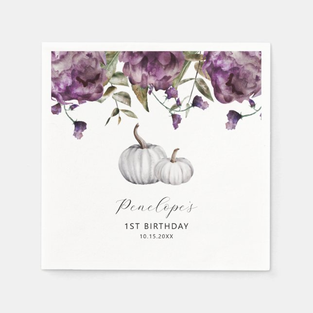 Purple Rustic Pumpkin Fall Birthday Party Napkins (Front)