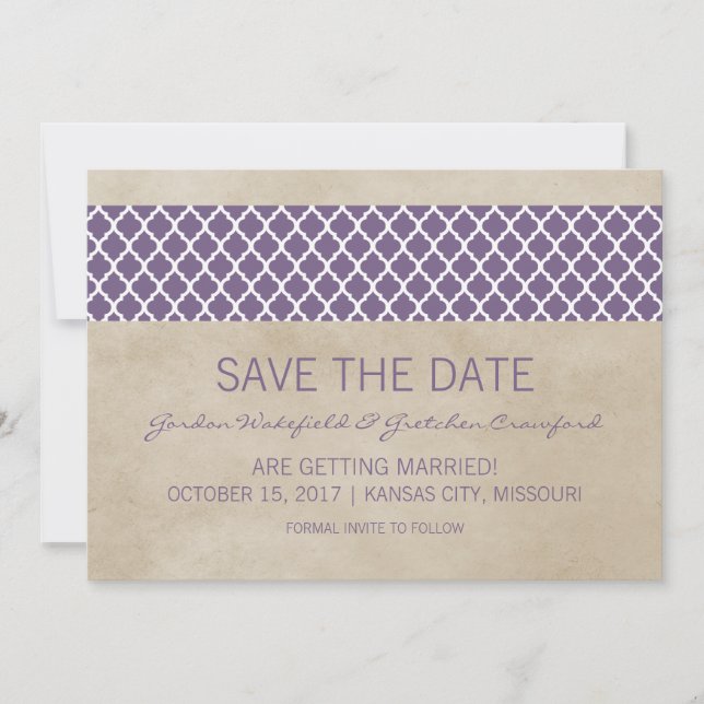 Purple Rustic Quatrefoil Save the Date Invite (Front)