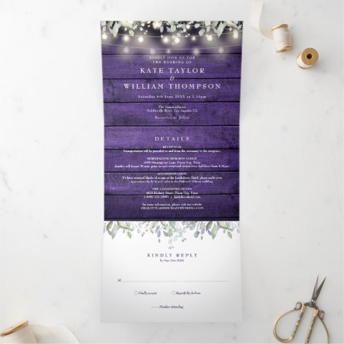 Purple Rustic String Lights Floral Photo Wedding Tri_Fold Invitation