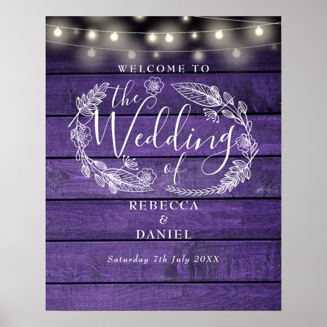 Purple Rustic String Lights Wedding Welcome Sign (Front)