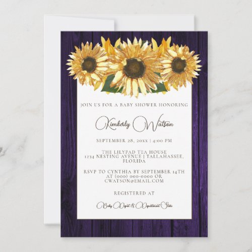 Purple Rustic Sunflower Baby Shower Invitation