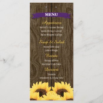 Purple Rustic Sunflower Menu Card by OccasionInvitations at Zazzle