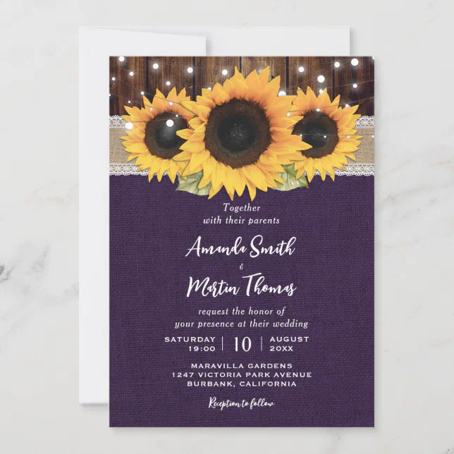 Purple Rustic Sunflower Wedding Invitation | Zazzle