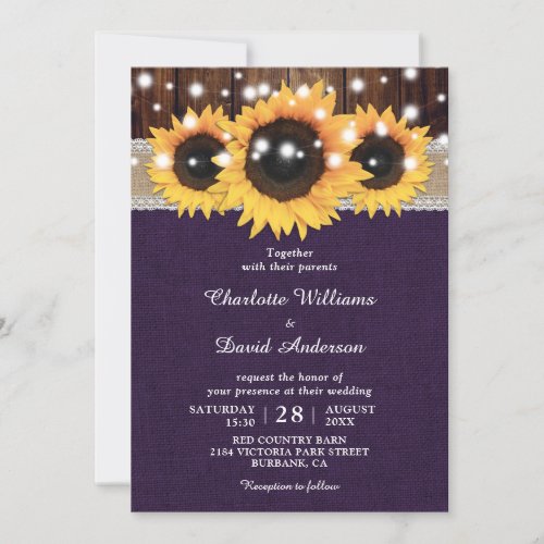 Purple Rustic Sunflower Wedding Invitation
