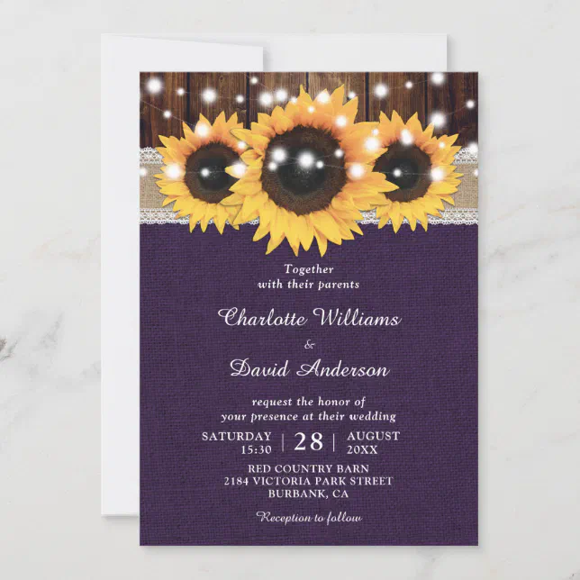 Purple Rustic Sunflower Wedding Invitation | Zazzle