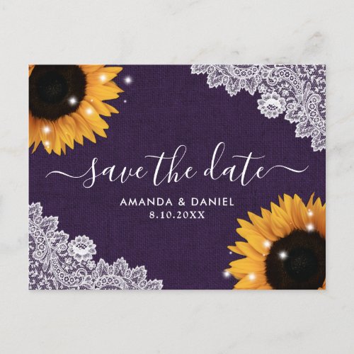 Purple Rustic Sunflower Wedding Save The Date Announcement Postcard