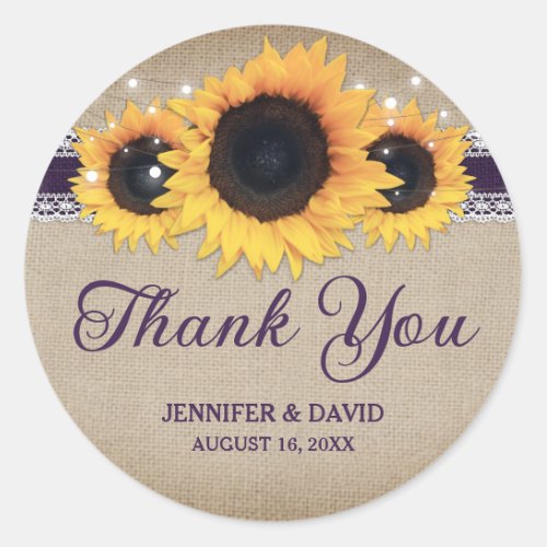 Purple Rustic Sunflower Wedding Thank You Classic Round Sticker