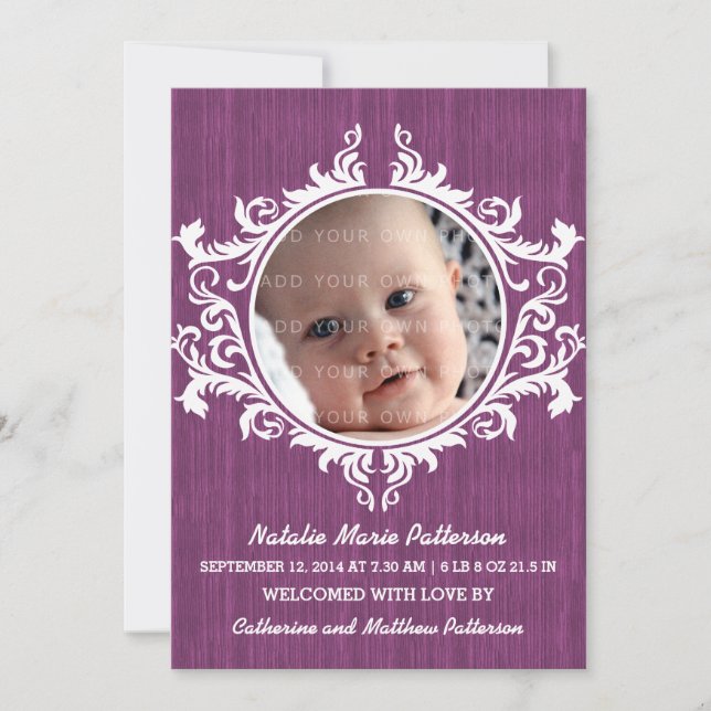 Purple Rustic Swirls Baby Announcement (Front)