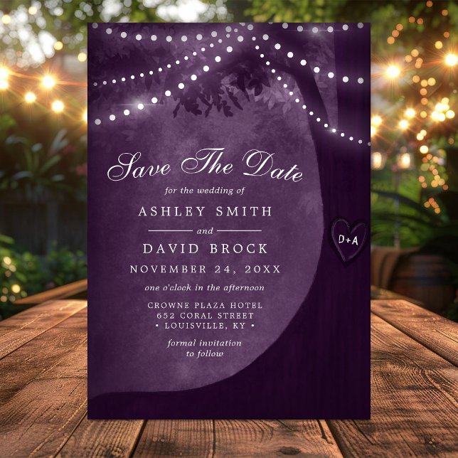 Purple Rustic Tree Carved Initials String Lights Save The Date (Creator Uploaded)