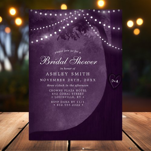 Purple Rustic Tree Initials Lights Bridal Shower Invitation