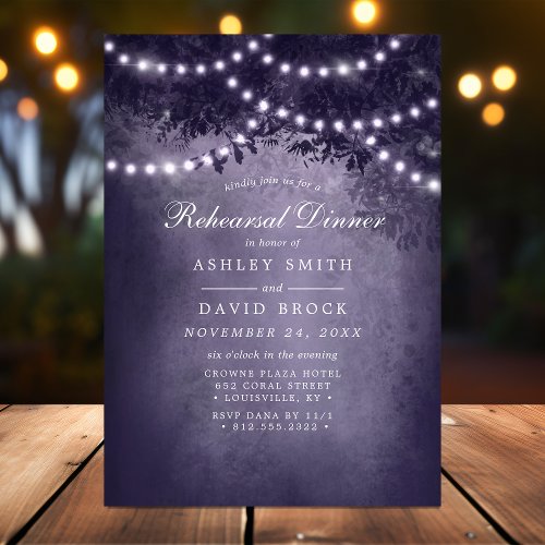 Purple Rustic Tree Lights Rehearsal Dinner Invitation