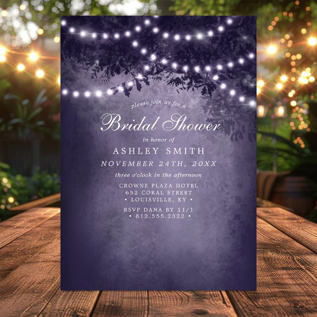 Purple Rustic Tree String Lights Bridal Shower Invitation (Creator Uploaded)