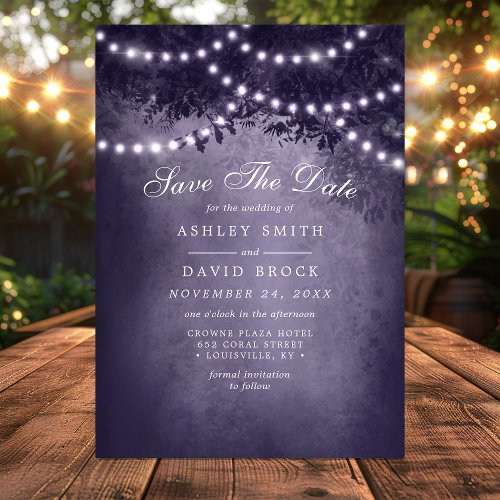 Purple Rustic Tree String Lights Save The Date