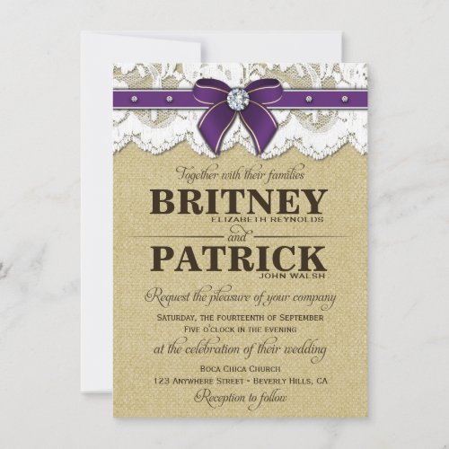 Purple Rustic Vintage Burlap Wedding Invitations