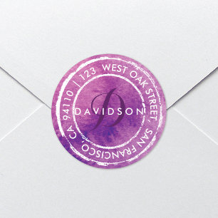 Purple Rustic Watercolor Monogram Round Address Classic Round Sticker