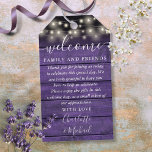 Purple Rustic Wedding Favor Welcome Basket Bag Gift Tags<br><div class="desc">Featuring pretty string lights and signature style names,  this rustic favor tag can be personalized with your special thank you information in chic white lettering on a purple wood panels background. Designed by Thisisnotme©</div>