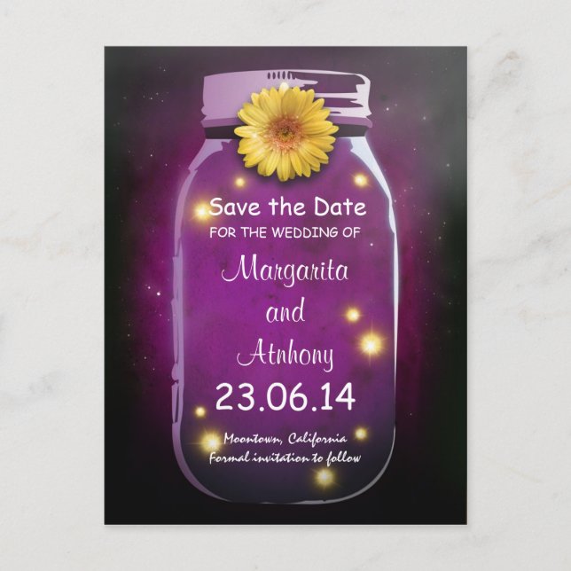 Purple Rustic Whimsical Mason Jar Save the Date Announcement Postcard (Front)
