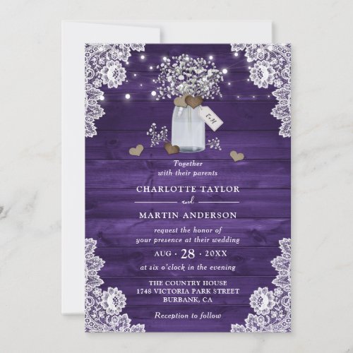 Purple Rustic Wood Babys Breath Mason Jar Wedding Invitation