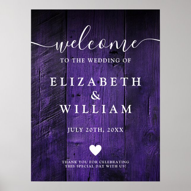 Purple Rustic Wood Barn Wedding Welcome Sign (Front)