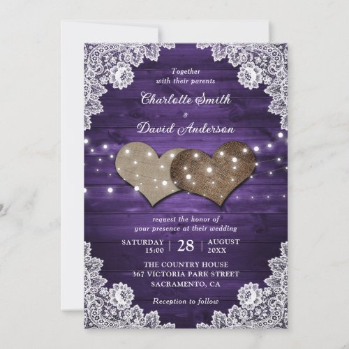 Purple Rustic Wood Burlap Lace Lights Wedding Invitation