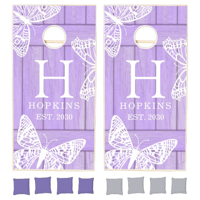Purple Rustic Wood Butterfly Monogram Cornhole Set (Set)