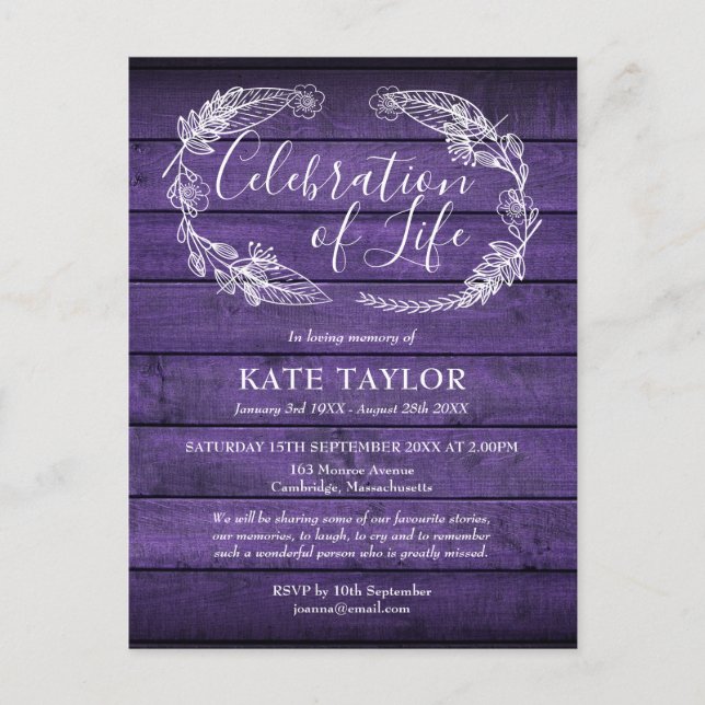 Purple Rustic Wood Celebration of Life Funeral Announcement Postcard (Front)