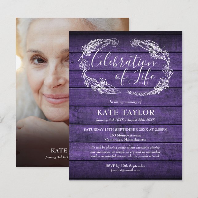 Purple Rustic Wood Celebration of Life Photo Announcement Postcard (Front/Back)