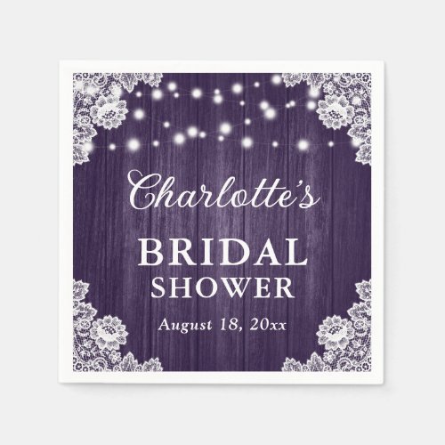Purple Rustic Wood Floral Lace Bridal Shower Napkins