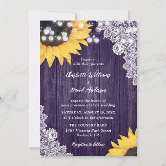 Purple Rustic Wood Floral Lace Sunflower Wedding Invitation