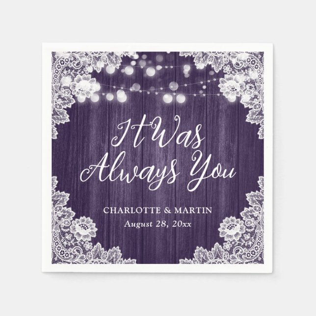 Purple Rustic Wood Floral Lace Wedding Napkins (Front)