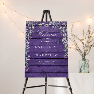 Purple Rustic Wood Floral Wedding Welcome Sign