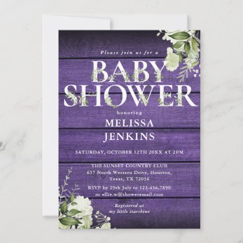 Purple Rustic Wood Greenery Floral Baby Shower Invitation