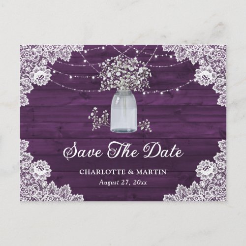 Purple Rustic Wood Lace Mason Jar Floral Wedding Announcement Postcard