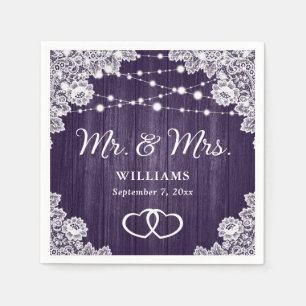 Purple Rustic Wood Lace String Lights Wedding Napkins