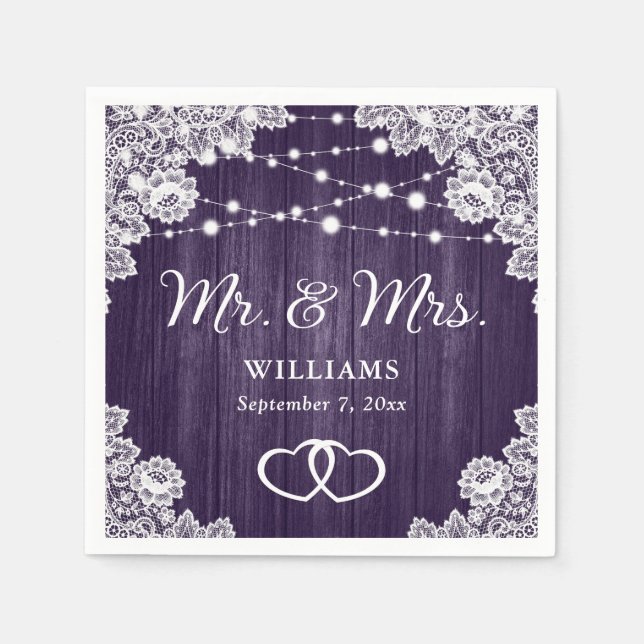 Purple Rustic Wood Lace String Lights Wedding Napkins (Front)