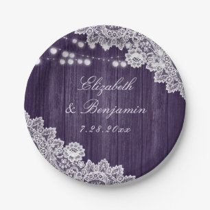 Purple Rustic Wood Lace String Lights Wedding Paper Plates