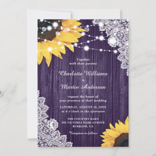 Purple Rustic Wood Lace Sunflower Wedding Invitation