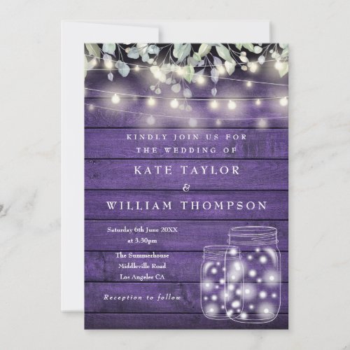 Purple Rustic Wood Lights Mason Jar Wedding Invitation