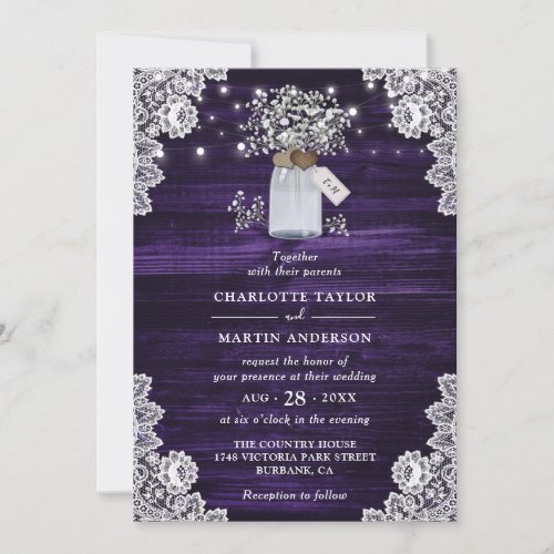 Purple Rustic Wood Mason Jar Floral Wedding Invitation