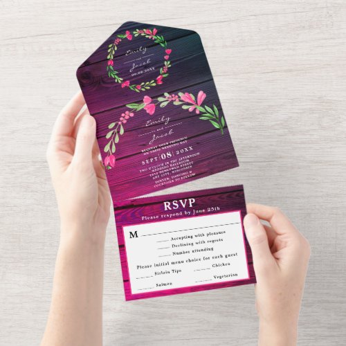 Purple Rustic Wood Pink Floral Country Wed RSVP All In One Invitation