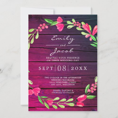 Purple Rustic Wood Pink Floral Country Wedding Announcement