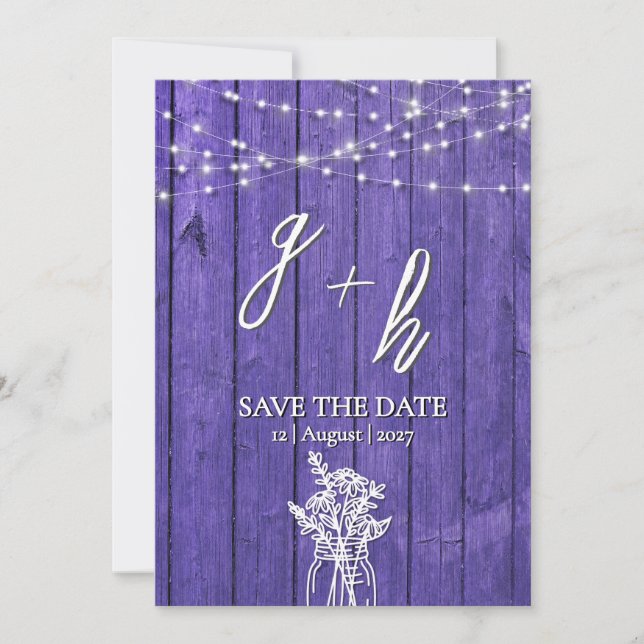 Purple Rustic Wood String Lights Boho Mason Jar Save The Date (Front)