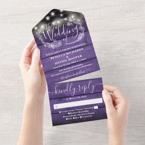 Purple Rustic Wood String Lights Floral Wedding All In One Invitation