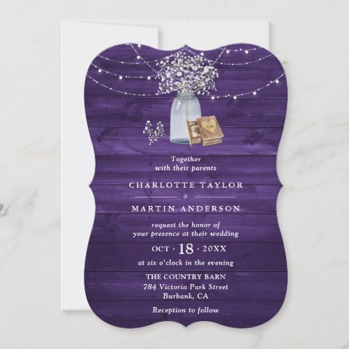 Purple Rustic Wood String Lights Floral Wedding Invitation