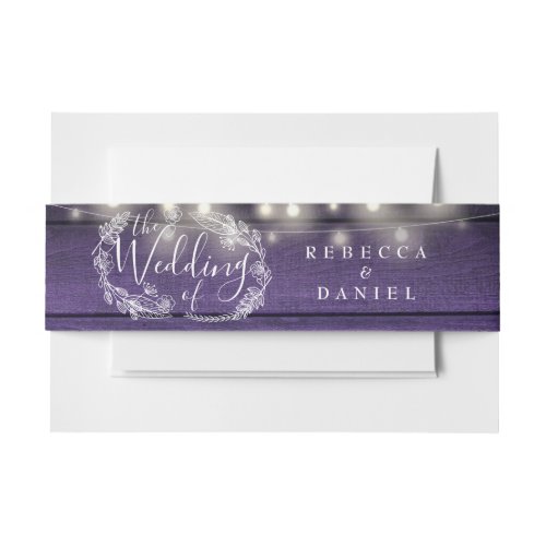 Purple Rustic Wood String Lights Floral Wedding Invitation Belly Band