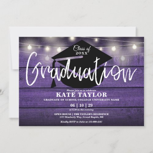 Purple Rustic Wood String Lights Graduation Party Invitation