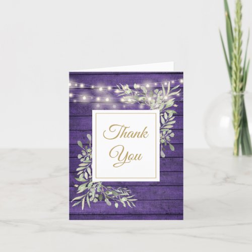 Purple Rustic Wood String Lights Greenery Photo Thank You Card