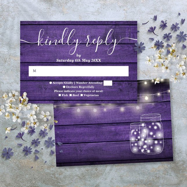 Purple Rustic Wood String Lights Mason Jars RSVP Card (Purple Rustic Wood String Lights Mason Jars RSVP Card)