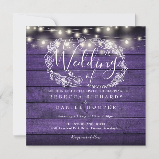 Purple Rustic Wood String Lights Photo Wedding Invitation (Front)